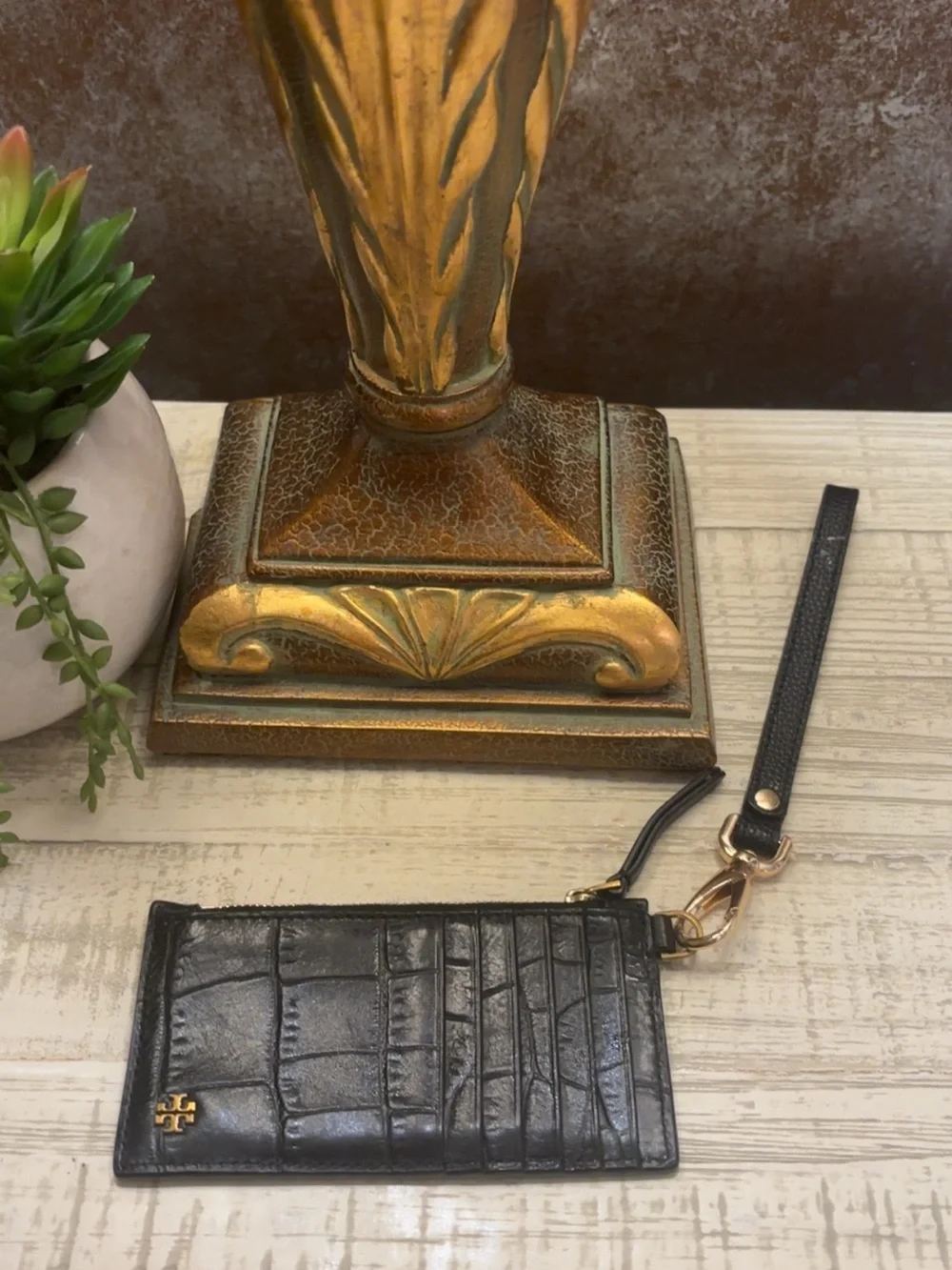 Tory Burch Black Croc-Embossed Leather Card Case with Wristlet Strap